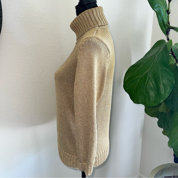 Ralph Lauren Petite Women’s Gold Metallic Fiber Turtleneck 3/4 Sleeve Sweater L - Picture 2 of 13